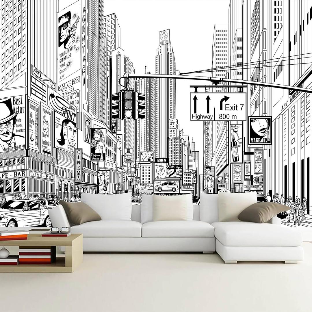 WFBHUA-Black and White New York City Wallpaper Hand Painted Times Square Wall Mural Decoration for Living Room Bedroom Offices(Not Peel and Stick) (191" x 120", Art Wall-14)