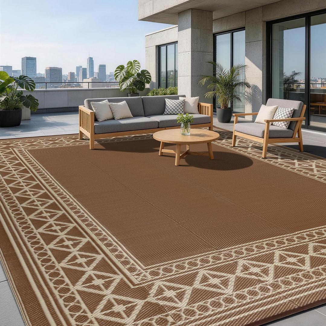 LBRO2M Waterproof Outdoor Rugs 10X14 for Patio Outdoor Plastitc Straw Rug Reversible Outdoor Border Rugs RV Rug for Deck, Pinic, Beach (10X14, Coffee)