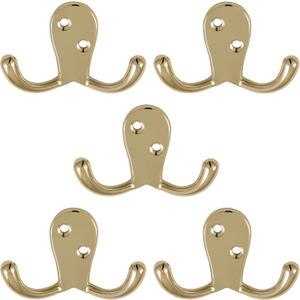 Design House Wall-Mounted Coat Hat Towel Robe in Bathroom or Closet, Double Hook Horizontal, Polished Brass, 5 Pack