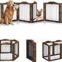 Vantas Folding No-Assembly Dog Door Pet Gate 144" Wide, 30" Tall Wooden Dog Gate with Door Walk Through, Freestanding Wire Pet Gate, Pet Puppy Safety Fence, with 2PCS Support - Rustic Brown