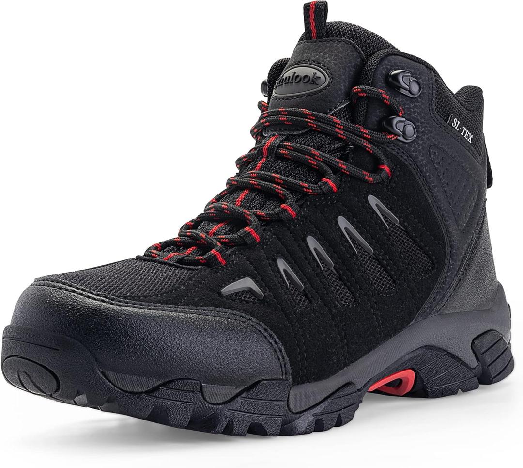 SHULOOK Men's Waterproof Hiking Boots Non-Slip Lightweight Outdoor Mid Top Ankle Boot Breathable Hiker Work Trekking Shoes (8.5, Black/Red)