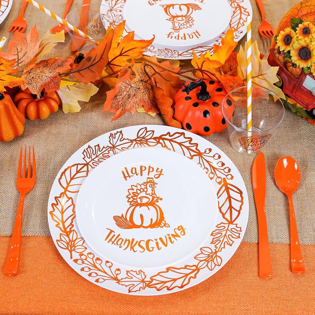 175pcs Plastic Thanksgiving Dinnerware Set for 25 Guests, 25 Disposable White Dinner Plates 10.25", 25 Gold Turkey Pumpkin Dessert Plates, 75 Orange Silverware, 25 Cups and Table Cards