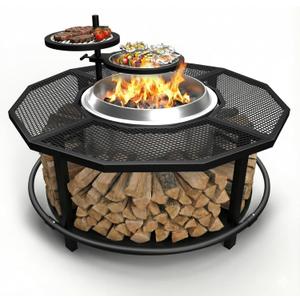 40'' Fire Pit Surround Tabletop for Solo Stove Bonfire 1.0&2.0 and Ranger 1.0&2.0,21 inch Inner Diameter,Surround Table with 2 Grill Grates,with Firewood Storage Shelf Expands Large Space