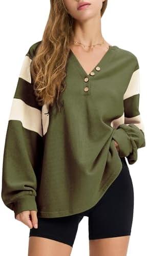 EXLURA Women's Oversized V Neck Henley Shirt Patchwork 2024 Color Block Sweatshirt Long Sleeve Button Pullover Tunic Tops, Size: XS