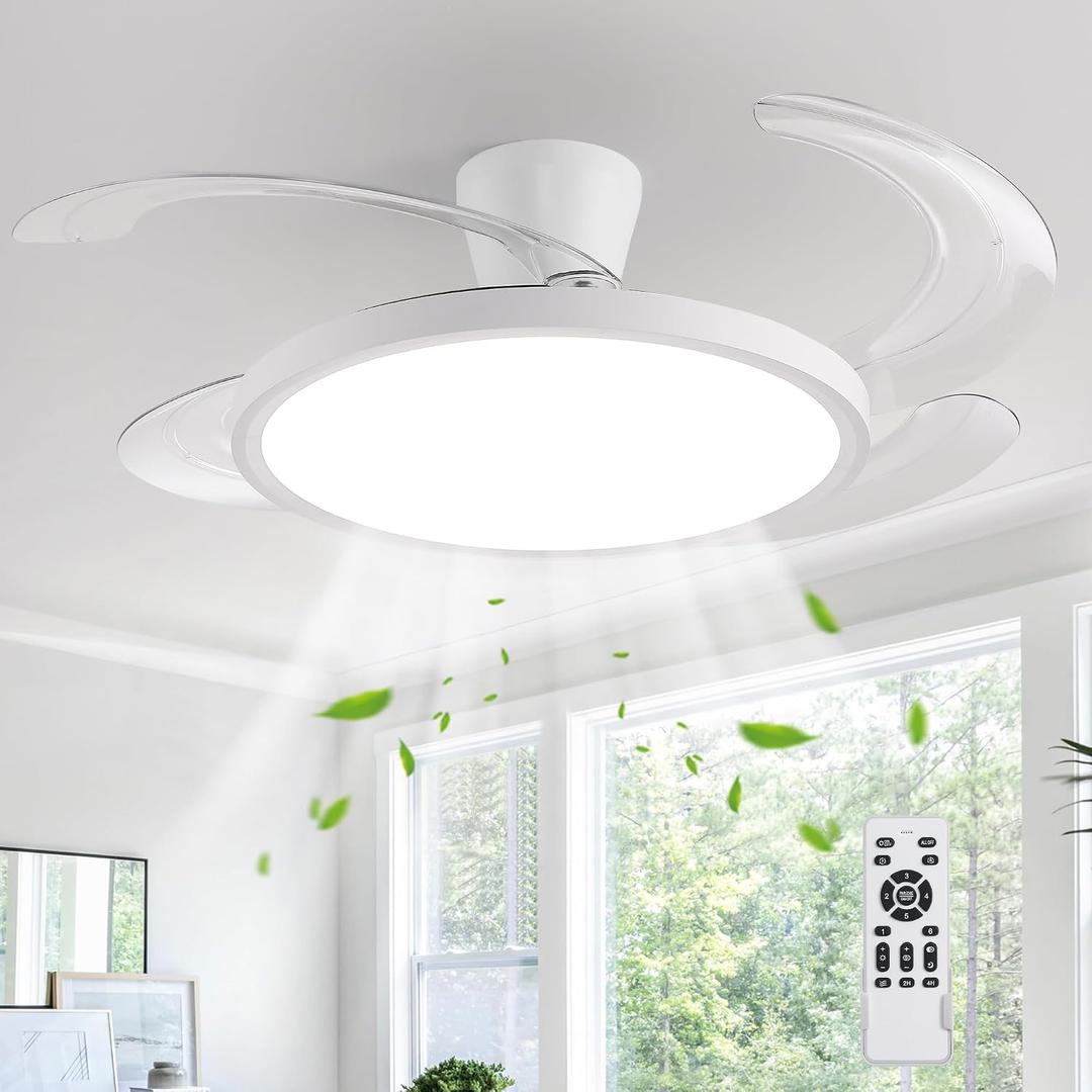 Retractable Ceiling Fans with Lights and Remote Control, 48 inch White Slim Low Profile Ceiling Fans, 20W Dimmable LED,Timer Setting,Memory Function Modern Fan for Living Room Bedroom, X Large