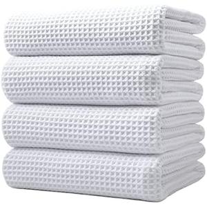 POLYTE Microfiber Oversize Quick Dry Lint Free Bath Towel, 60 x 30 in, 3 Pack (White, Waffle Weave)