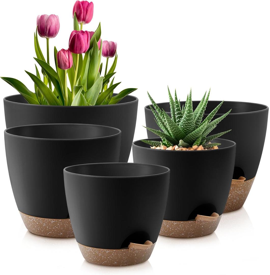 Plant Pots 10/9/8/7.5/7 Inch Self Watering Pots, Set of 5 Plastic Planters with Drainage Holes and Saucers,Plastic Flower Pots,Nursery Planting Pot for Indoor Out Door Plants(Black Brown)
