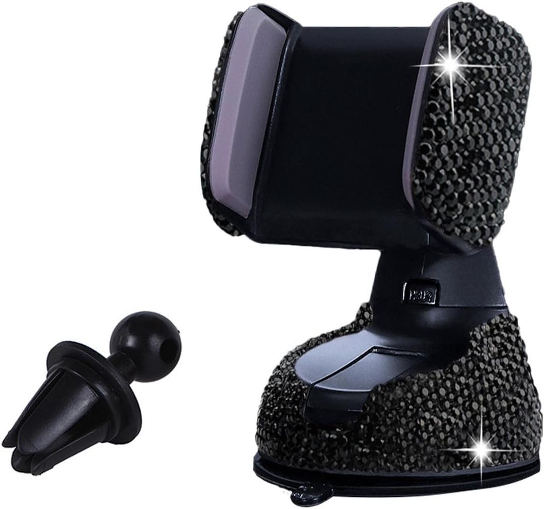 SUNCARACCL Bling Car Phone Holder, 360Adjustable Crystal Auto Phone Mount Universal Rhinestone Car Stand Phone Holder Car Accessories for Windshield Dashboard and Air Outlet (Black)