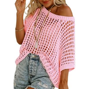 Dokotoo Womens Summer Scoop Neck Short Sleeve Sweater Casual Crochet Hollow Out Knit Tops Pullover Shirts Beach Coverup (Medium, Pink)