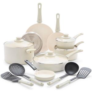 GreenLife Soft Grip 16 Piece Cookware Set, Non-Toxic PFAS-Free Ceramic Nonstick, Frying, Sauce, Saute, Utensils, Glass Lids, Stay-Cool Handles, Wobble Free, Dishwasher & Oven Safe, Cream
