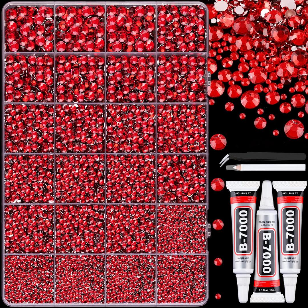 25000Pcs Resin Rhinestones with Tweezers for Crafting, Red Flatback Gems, Bedazzling Crystal with 3Pcs 10ml B7000 Jewelry Glue for DIY Crafts Clothing Tumblers Shoes Fabric Nail Art
