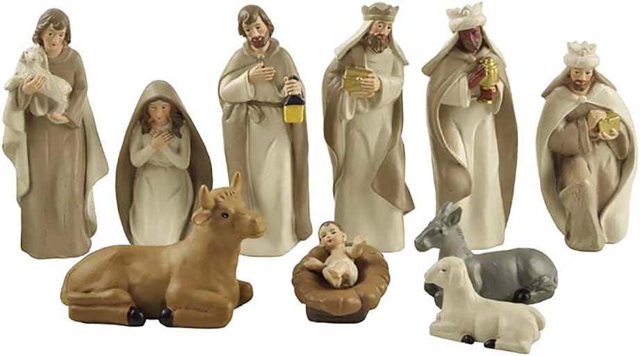 Artisan Flair Nativity Christmas Set Manger Scene - 10pcs Hand-Painted Nativity Figurines - Indoor Home Decor, Resin, 4.5 Inch Tall, White (Brown)
