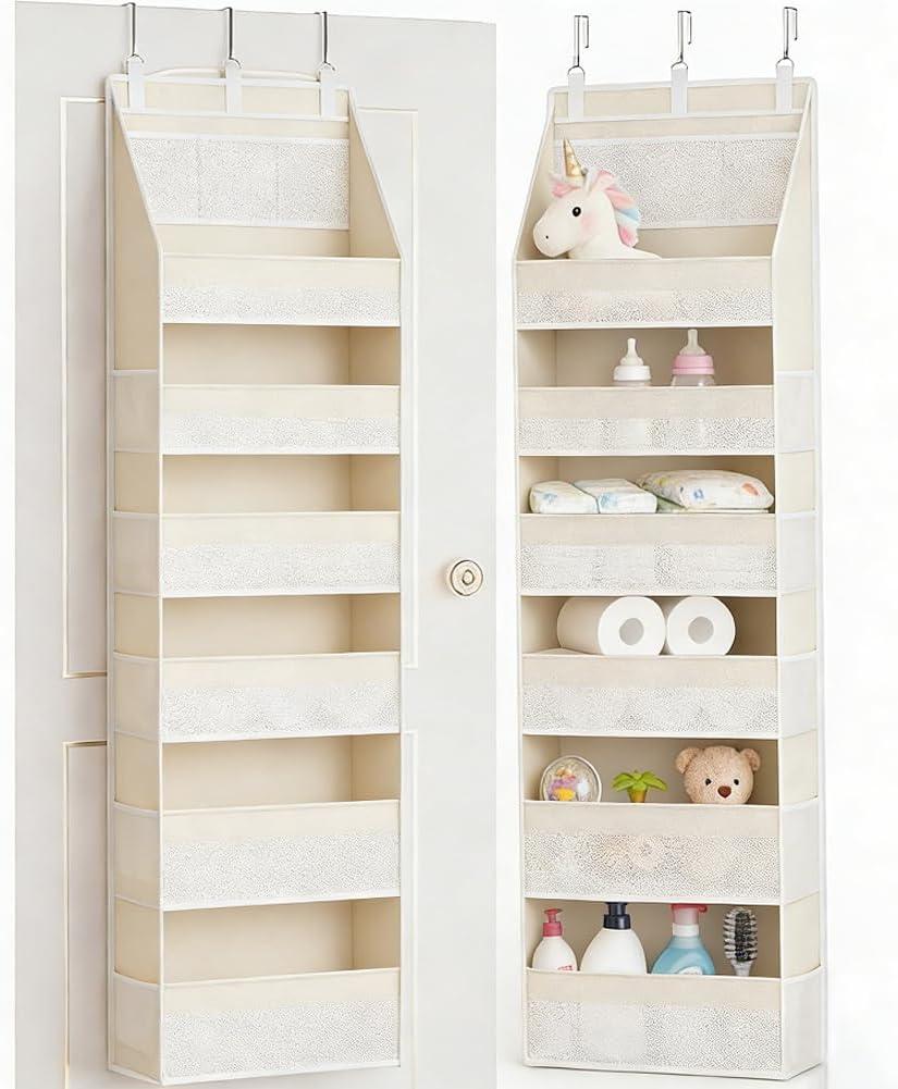 Over The Door Organizer, 6-Shelf Closet Hanging Storage with 13 Mesh Pockets, 55lbs Capacity Behind The Door Storage for Baby Nursery, Bathroom, Bedroom, and Dorm, Beige