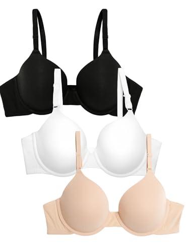 Fruit of the Loom Women's Smooth Cotton T-Shirt Bra-Ultra-Soft, Flexible, and Invisible Under Tees, Black Hue/Sand/White, 34D