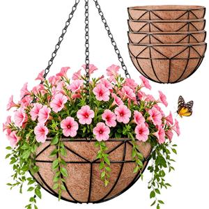 Halatool 4 Pack 14 Inch Hanging Baskets for Outdoor Plants, Heavy Duty Basket with Coco Liners, Rust-Proof Hanging Planters for Patio Fence Balcony Decor Trailing Vines Ferns Succulents Herbs
