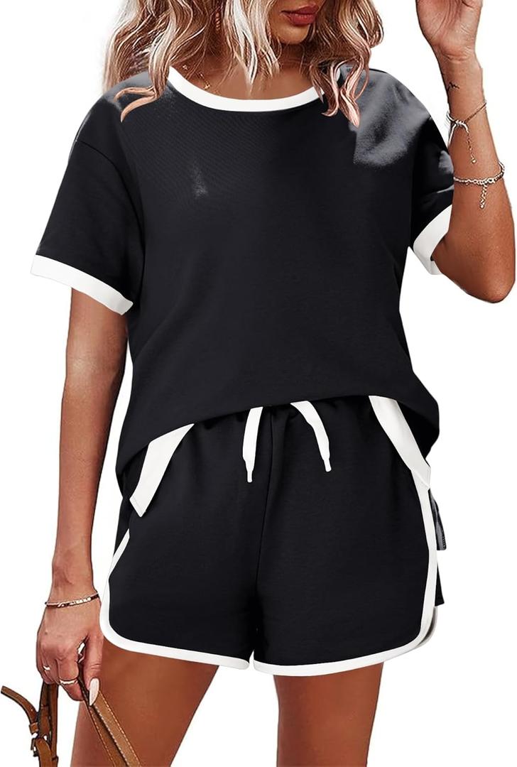 AKEWEI Shorts Sets Women 2 Piece Outfits Casual Short Sleeve Crewneck Tops and Drawstring Shorts Color Block Sets (Black, Large)