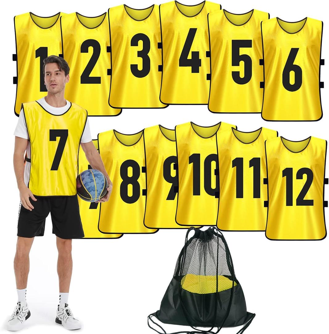 Scrimmage Training Vest (12 Pack) Team Sports Pinnies Jerseys for Adult Youth Soccer Bibs Numbered Practice Jerseys (LargeFor Adults, Yellow-new)