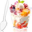 Hiasobre 50Pack 5oz Square Plastic Dessert Cups with Spoons, Reusable Clear Parfait Appetizer Cups, Mini Party Trifle Shooter Serving Cups, Dessert Shot Glasses for Tasting