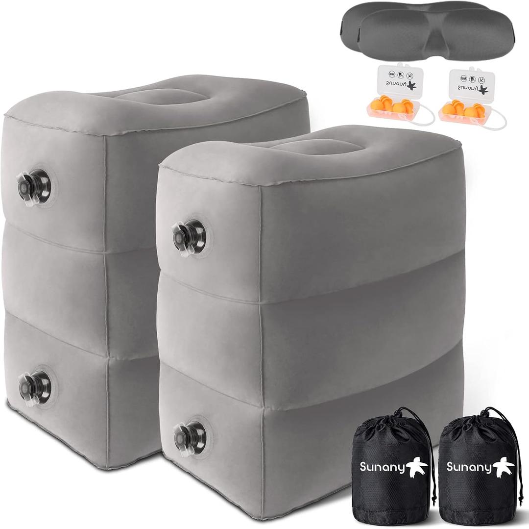Sunany Inflatable Travel Foot Rest Pillow, Airplane Bed for Kids and Toddler, Adjustable Height Portable Elevating Leg, Trains, Cars, Home, Office (2 Pack) (Grey)