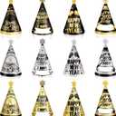 Biswiter New Years Eve Party Hats 2026, 12 Pack Happy New Years Paper Cone Hat for NYE Decorations, Black Gold and Silver Party Supplies 2026 for NYE Photo Booth Props