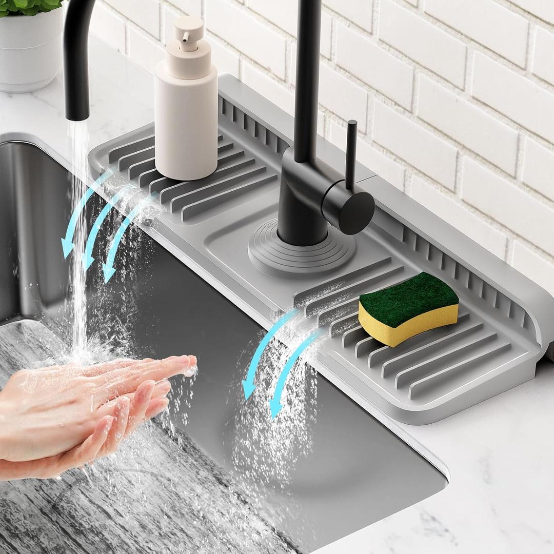 14.6 inch Faucet Mat for Kitchen Sink Splash Guard[7 Slope Fast Self-draining][Snap Lock Fit]Kitchen Sink Faucet Mat Splash Guard Kitchen Sink Area Water Splash Guard Behind Faucet Draining Mat (Gray)