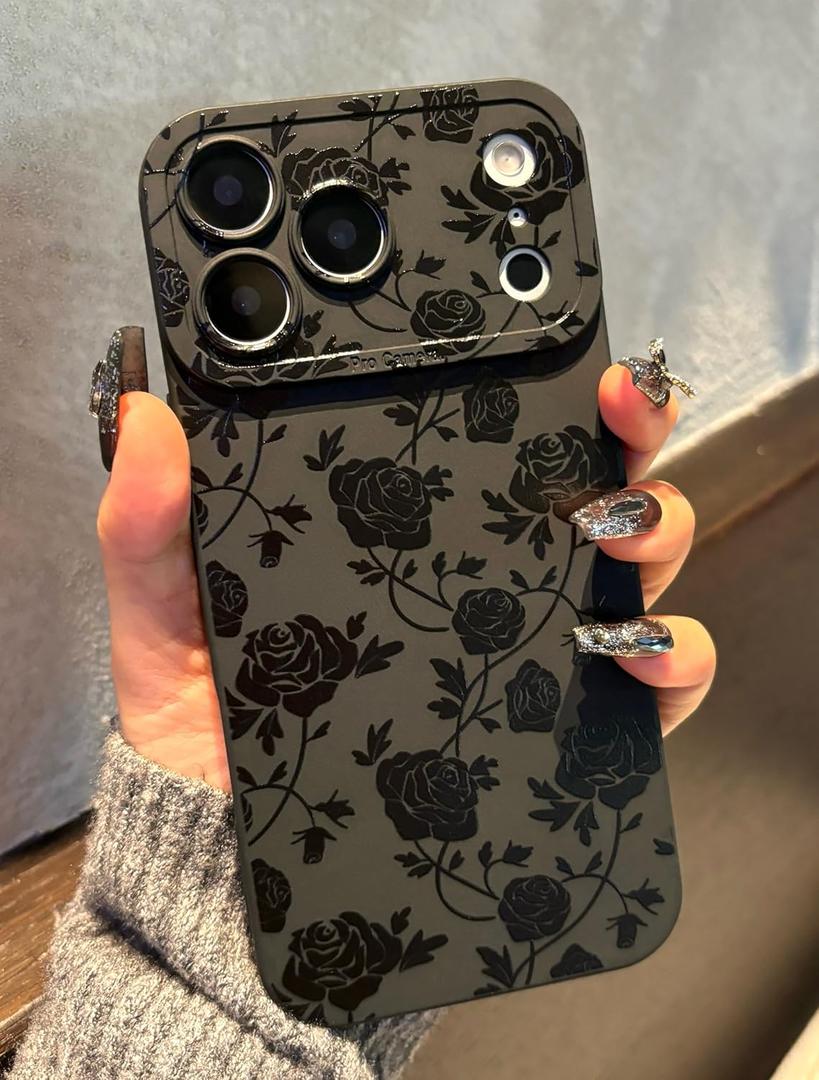 for iPhone 17 Pro Case 6.3 Inch 2025, Aesthetic Rose Floral Goth Phone Case for Women Girls Men, Slim Silicone Protective Phone Cover for iPhone 17 Pro, Black Flower