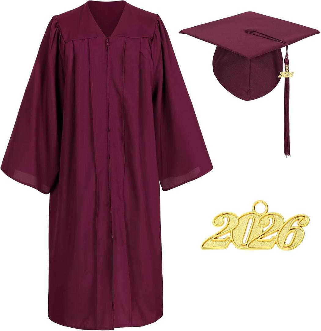 Matte Graduation Cap Gown and Tassel Set for Adults Bachelor High School College University (Red, Size 51")