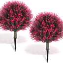 Yunlly 2 Pcs 18 Inch Artificial Boxwood Ball Topiary Tree Fake Outdoor Plants Bush, UV Resistance Faux Shrubs with Spike Realistic Greenery Potted for Indoor Garden Yard Porch Patio Decor (Rose Red)