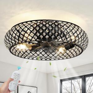 RUIYEY Crystal Ceiling Fans with Lights: 20 inch Remote Low Profile Ceiling Fan,Timer 7 Blades 6 Speeds Quiet DC Reversible E26 4 Light Caged Flush Mount Black Fandelier for kitchen Living Room Shadow Black