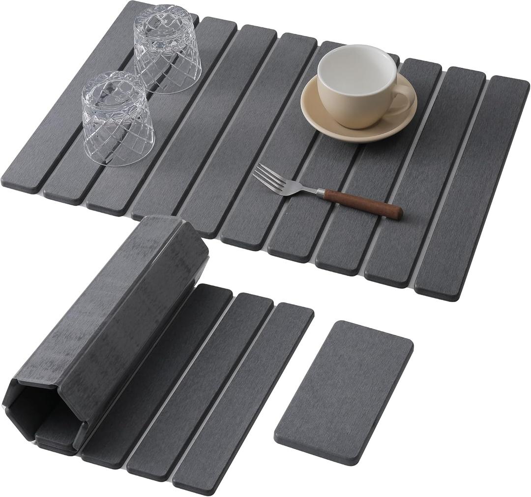Large Stone Dish Drying Mat for Kitchen Counter, Fast Dry Diatomaceous Earth Mat – Foldable Stone Mat for Dishes, Utensils, Soap Dish – Non-Slip & Heat Resistant–2 PCS (23.6"×15.3" & 8"×4")–Dark Grey