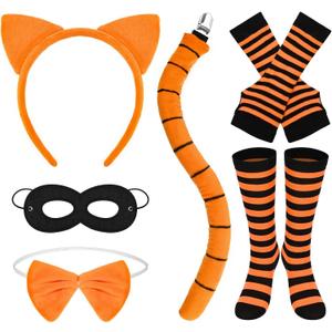 6 Pcs Orange Cat Costume Accessories Set Including Orange Cat Ears Headband Tail Bow Tie Black Mask Socks and Gloves for Halloween Storybook Fancy Dress Cosplay