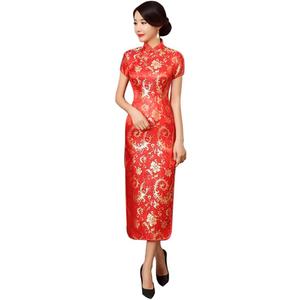 Women Cheongsam Long Dress Evening Short Sleeve Slim Fit Maxi Dress Floral Faux Silk Stand Collar Bodycon Qipao 4XL