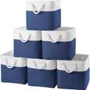 Cube Storage Bins, Collapsible Fabric Storage Cubes Bins, 11 Inch Cube Storage Bins with Handles, Foldable Storage Cubes (White/Navy, 6Pack)