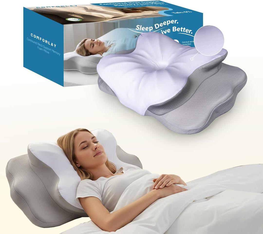 Talc-Free Cervical Memory Foam Pillow for Neck and Shoulder, Butterfly-Shaped Ergonomic Breathable Pillow for Side Back Stomach Sleepers with Pillowcase, Skin-Friendly Fabric