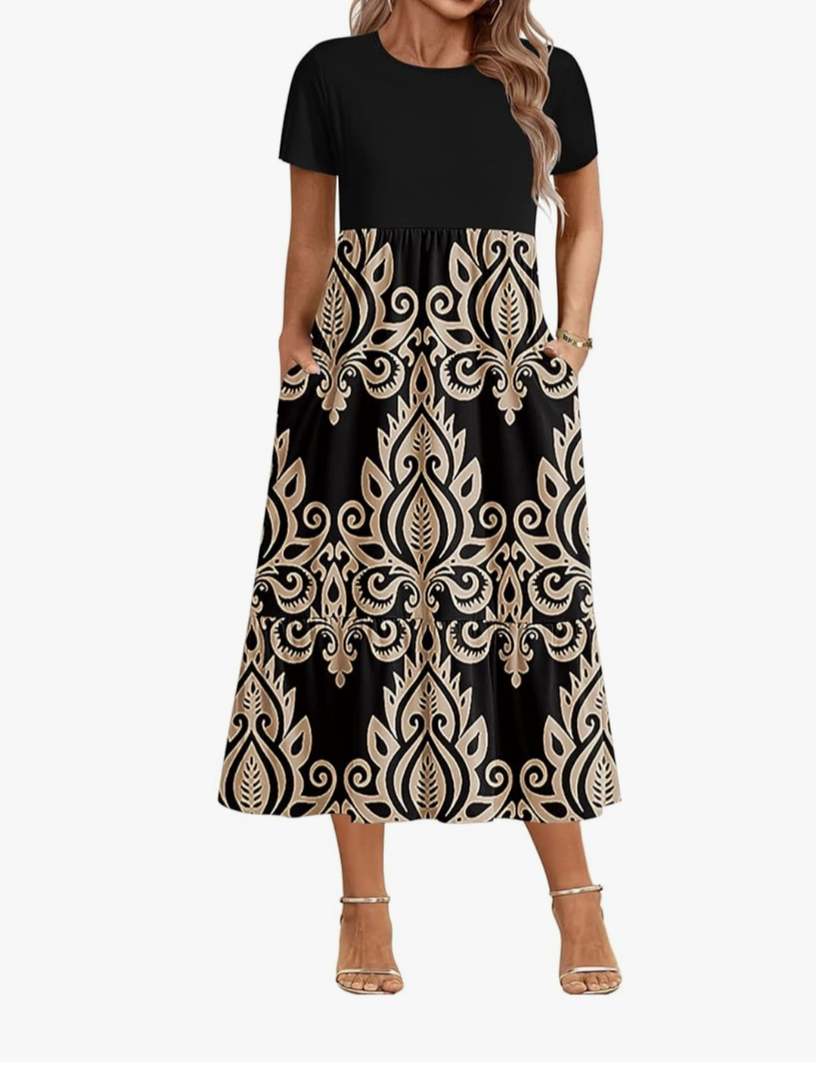 Women Plus Size Short Sleeve Dress Loose Plain Casual Summer Flowy Tiered Long Maxi Dresses with Pockets Size M, Color Name Mz491