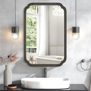 HOMECOOKIN Wood Bathroom Mirror for Wall Decor Arched Rounded Corner Rustic Wood Frame Wall Mirror Home Decorative for Vanity, Living Room, Bedroom, Entryway (24 x 36 inch, Black)