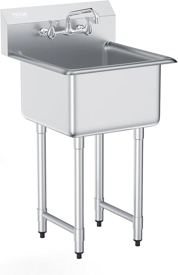 VEVOR Stainless Steel Prep & Utility Sink, 1 Compartment Free Standing Small Sink Include Faucet & legs, 21"x18" Commercial Single Bowl Sinks for Garage, Restaurant, Kitchen, Laundry (Size: Bowl Size 18*18IN)