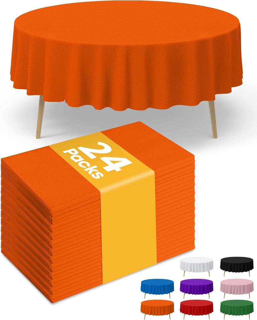 Niuara Orange Plastic Table Cloth - 24 Pack 84" Round Disposable Tablecloths for Round Tables, Waterproof Table Cover for Holiday Parties & Gatherings