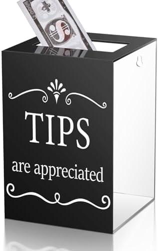 Vesici Acrylic Tips Jar for Restaurant 6 x 6 x 8.6 Inch Donation Suggestion Box Donation Tip Buckets Collection Money Storage Container Raffle Cash Box for Bartender Bars Musicians, Black