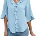 Blooming Jelly Womens Dressy Casual Blouses 3/4 Sleeve V Neck Ruffle Tops Business Ladies Summer Trendy Fashion Work Shirt (Light Blue)