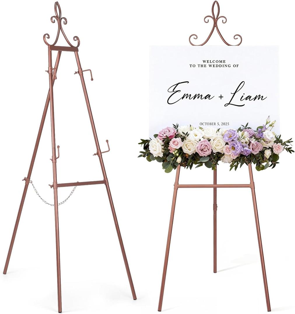 53.9" Rose Gold Easel Stand for Sign, Heavy Duty Metal Display Easel with Storage Bag, Adjustable Art Easel for Wedding Sign, Welcome Sign, Picture