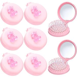 LemonRoad 6 Pack Compact Travel Mirror Hair Brushes, Mini Mirror Comb, Round Portable Folding Pocket Hairbrush, Small Size Massage Comb, Coquette Bow Party Favor for Women (Pink)