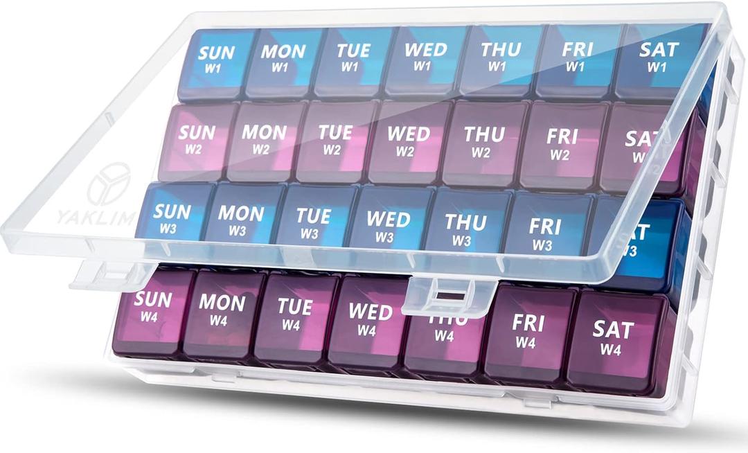 XL Monthly Pill Organizer 1 Time a Day, 4 Week Pill Case Compartments, Yaklim Weekly Vitamin Organizer Extra Large, Medicine Container for Daily Pill Keeper (Purple-blue)