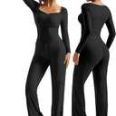 OMKAGI Womens Lounge Set Lace Square Neck Long Sleeve Tops Wide Leg Pants 2 Piece Outfits (Black, XL)