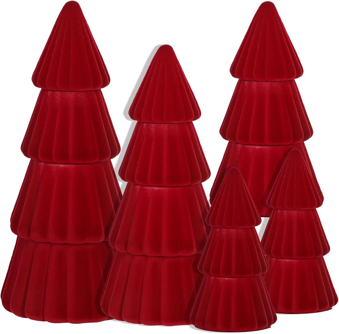 Red Christmas Decorations Indoor- Set of 5 Velvet Red Christmas Trees - Tabletop Christmas Decor Xmas Table Decorations for Mantel Home Decor