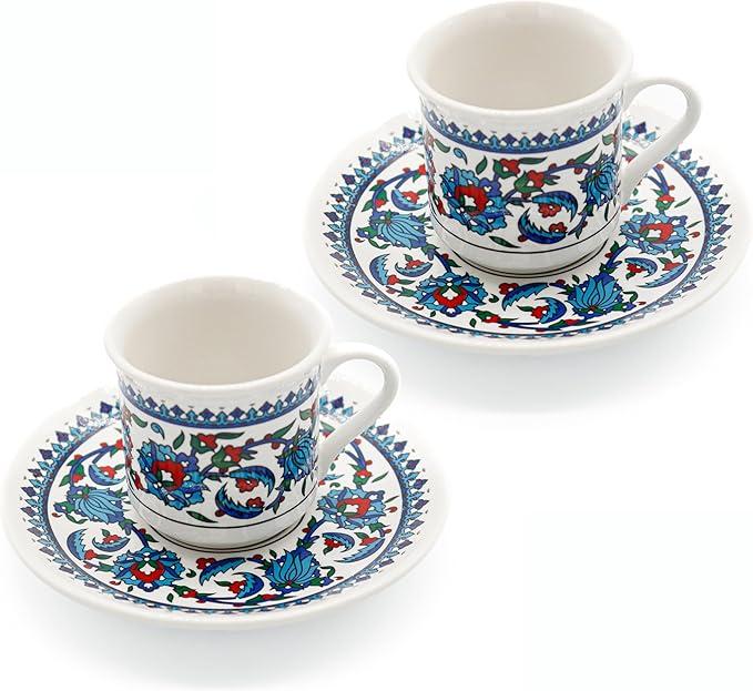 Turkish Coffee Cups Set of 2 with Saucers and Cup Holder, Ceramic Espresso Cups, Perfect for Serving Arabic Coffee – White & Blue Pattern