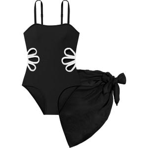 Girls Swimsuit, Adjustable Straps Cut Out One Piece Bathing Suit with Solid Color Cover Up Skirt Girls' Swimwear (15-16 Years, Black)