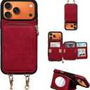 Case for iPhone 17 Pro Max Case Wallet with Mirror, Crossbody Zippered Purse with RFID Blocking 8 Card Holder, Flip Cover Kickstand Wrist Strap Lanyard for Women - 6.9 inch (Red)