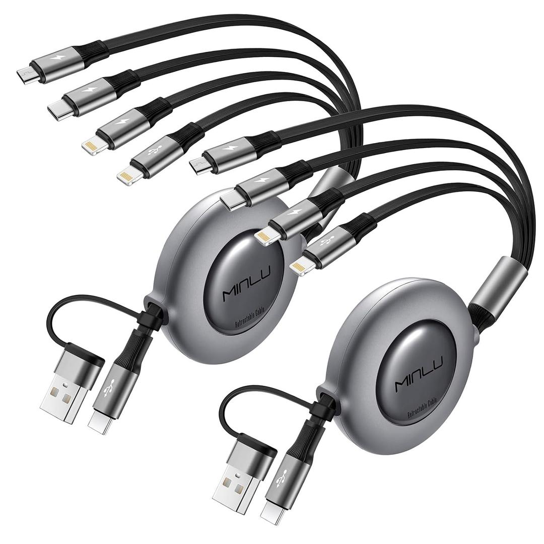 4 in 2 Retractable Charging Cable 4A,2Pack 4Ft Multi Chargers for All Devices,USBC Charging Cable with A/C to Type C/L/Micro USB Ports Universal Multiple USB Cable for iPhone Series/Samsung/Tablets/PS (Grey)