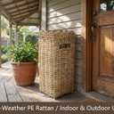 Woven Umbrella Stand for Entryway & Outdoor Porch, Weather-Resistant PE Rattan Cane Holder, Scalloped Square Bin with Drip Tray, Farmhouse Decor Rack for Umbrellas, Wrapping Paper, Walking Sticks